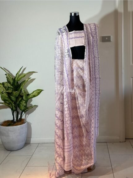 Saree baby pink with offwhite lavender